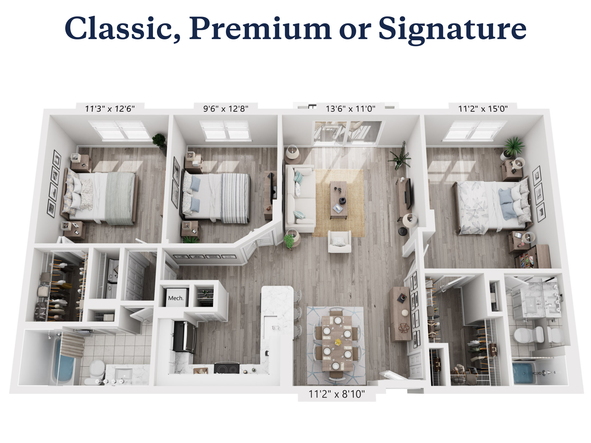 Floor plan for 3 beds, 2 baths, 1429 sqft